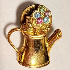 Gold tone gardening Watering Can Brooch with Multicolor Gems